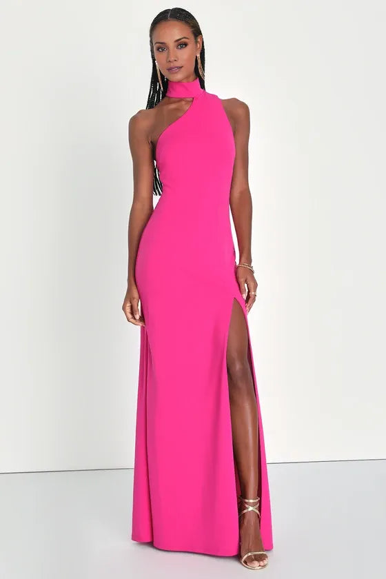 TingPo Wholesale Signature Elegance Keep It Interesting Hot Pink Asymmetrical Halter Maxi Dress formal wear dresses 